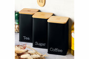 Набор 3 банок для хранения сыпучих продуктов / кофе / чая / сахара 1,6 л "Tea, coffee, sugar" черный с бамбук. крыш