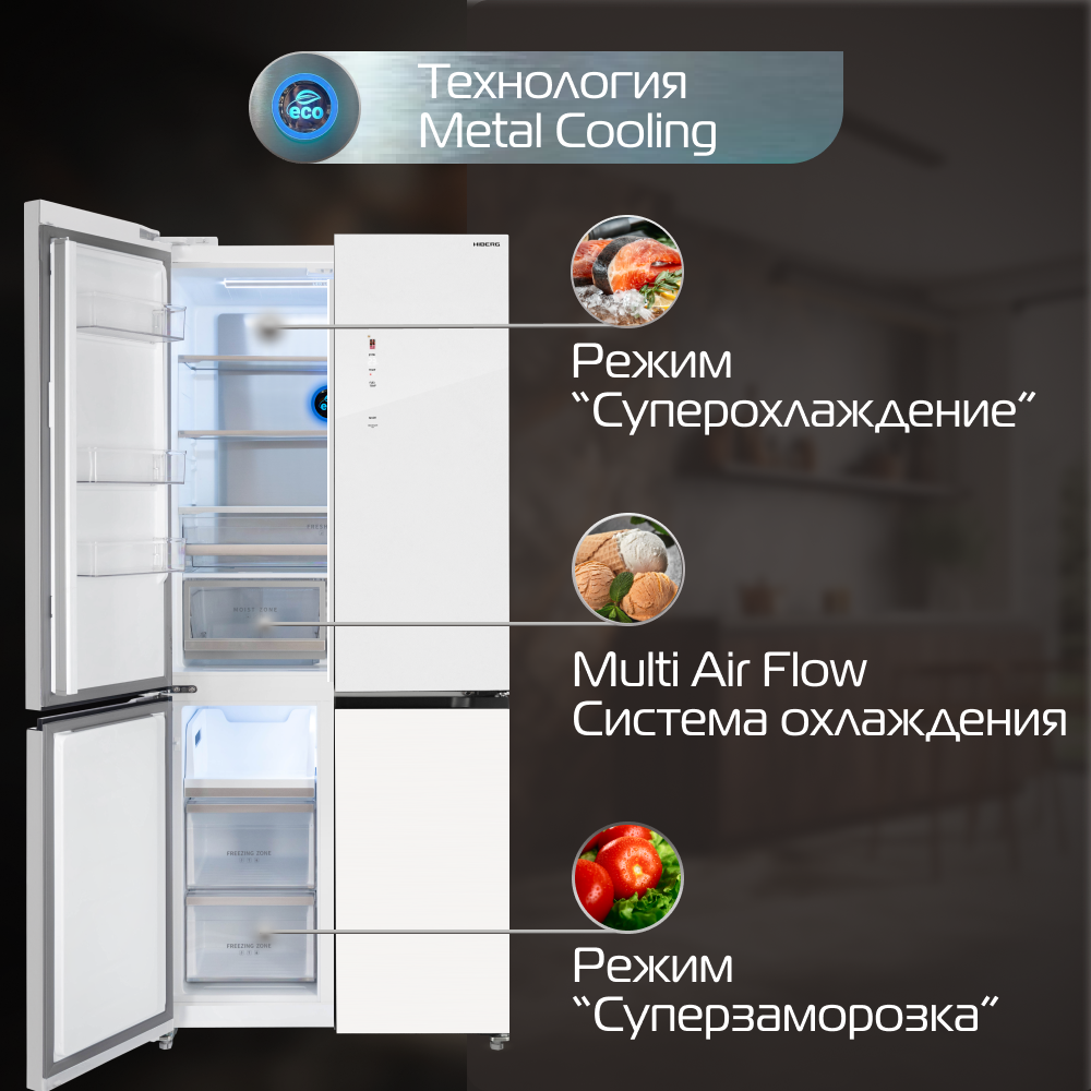 Холодильник HIBERG RFQ-600DX NFGW, Cross Door, Total No Frost, инвертор, 526 л объем, белое мерцающее стекло - фотография № 3