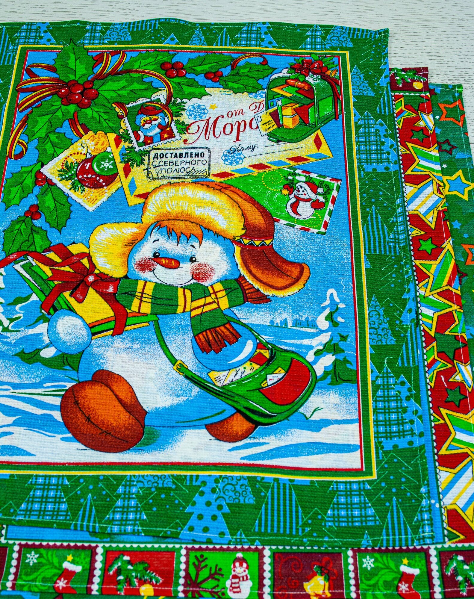 Полотенца кухонные новогодние набор 3 шт Дед мороз зеленый - фотография № 5