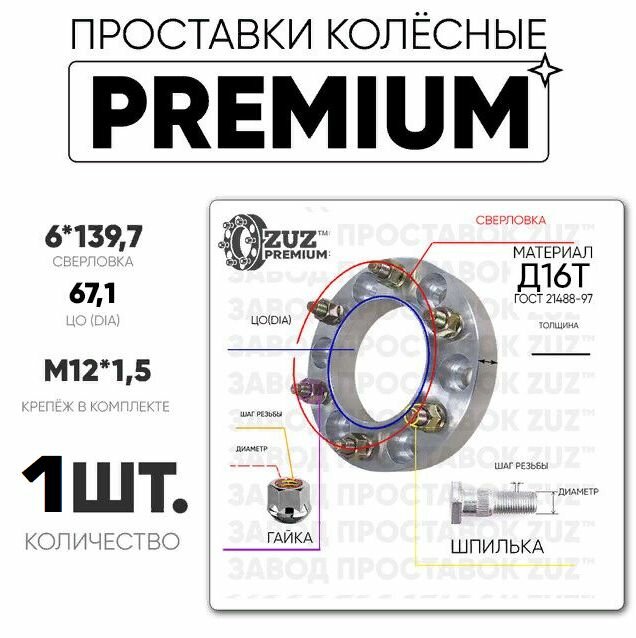 Проставки колёсные 1шт. 30мм 6*139,7 ЦО67,1 м12*1,5 гайка+шпилька 30мм премиум