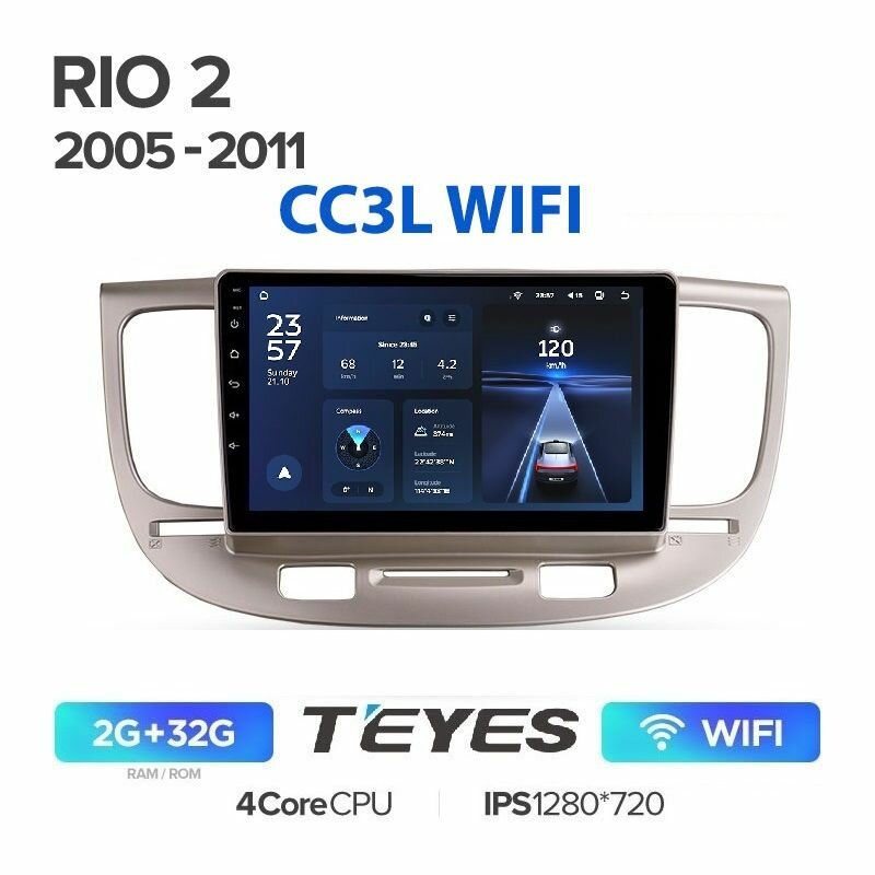 Магнитола Kia Rio 2 2005 - 2011 9" Teyes CC3L WIFI 2/32гб ANDROID 4-х ядерный процессор, IPS экран