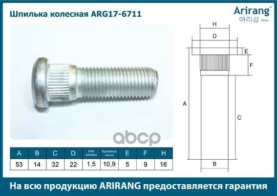 Шпилька колесная М14х15х53 Arirang арт. ARG17-6711