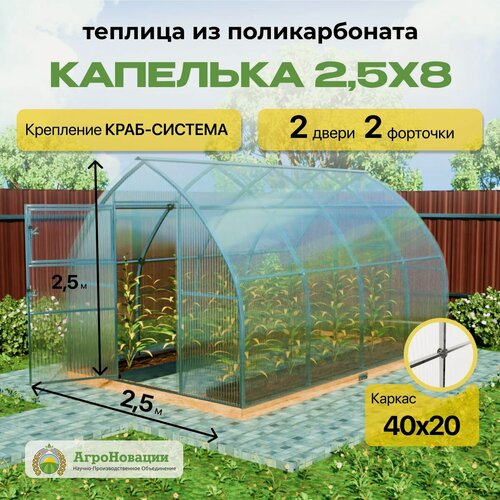Изображение товара Теплица "Капелька" 2.5х8 с поликарбонатом 4мм, высотой 2.45 метра, оцинкованный профиль 40х20
