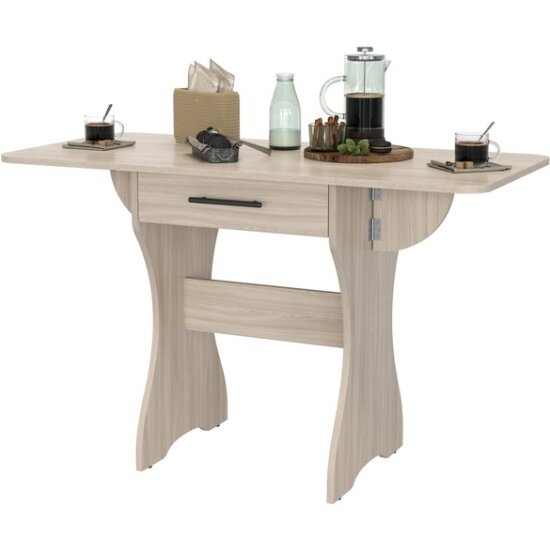 Стол обеденный Гранд Кволити раскладной с ящиком 6-02.120ТМяс. св, цвет ясень шимо светлый, ШхГхВ 120х57х75 см, 60х57х75 см. сложенный