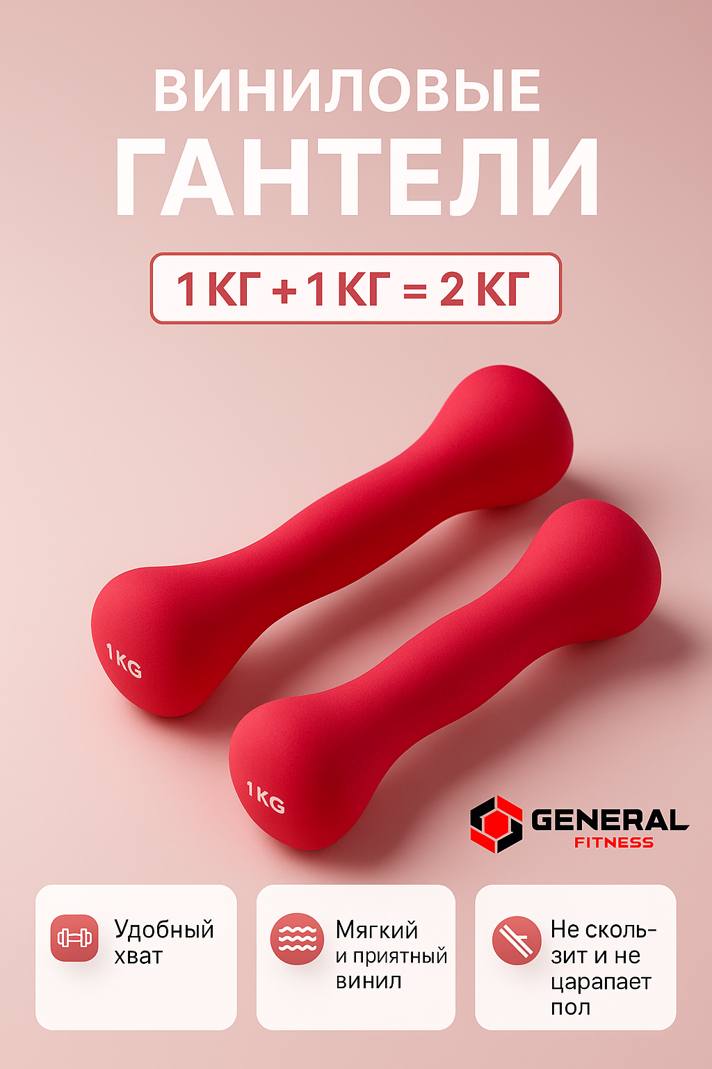 Гантели General Fitness 1–3 кг, пара – для дома, фитнеса и спортзала