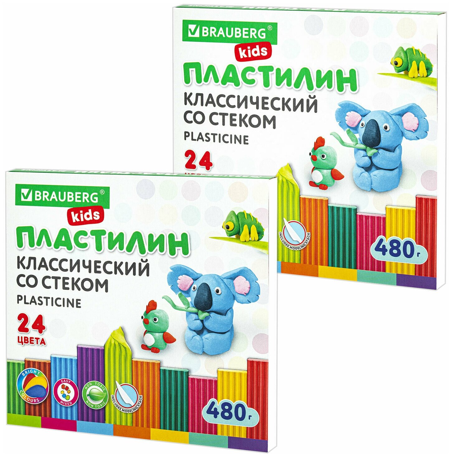 Пластилин классический выгодная упаковка 2 набора по 24 цвета 960 г 2 стека BRAUBERG 880621