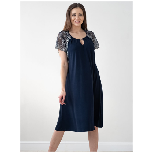 Женская ночная сорочка с рукавом и кружевом Федора, большой размер 56, темно-синий цвет. Текстильный край.
