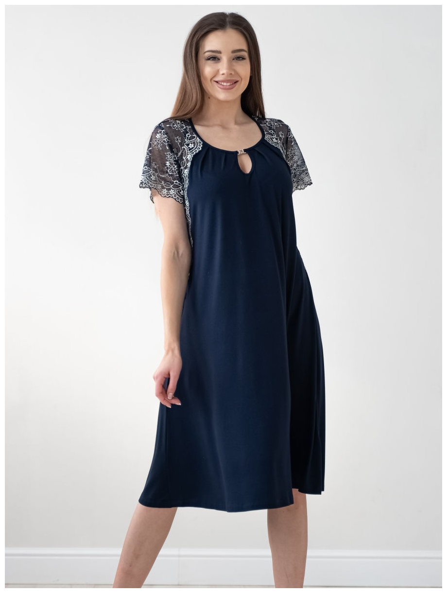 Женская ночная сорочка с рукавом и кружевом Федора, большой размер 52, темно-синий цвет. Текстильный край. - фотография № 1