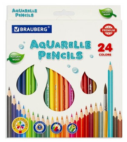 Карандаши цветные акварельные BRAUBERG PREMIUM AQUARELLE, 24 цвета, грифель мягкий 4 мм