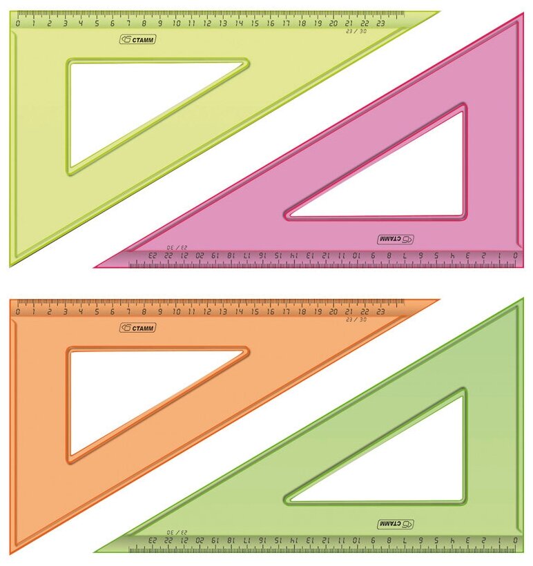 Треугольник 30°, 23см, прозрачный флуоресцентный, 4 цвета