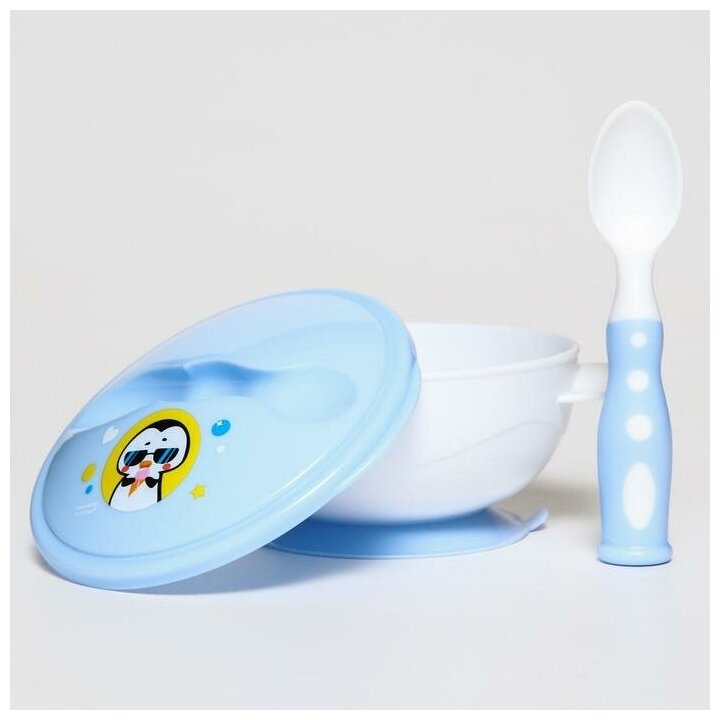 Набор детской посуды «Сладкий малыш», 3 предмета: тарелка на присоске, крышка, ложка, цвет голубой - фотография № 8