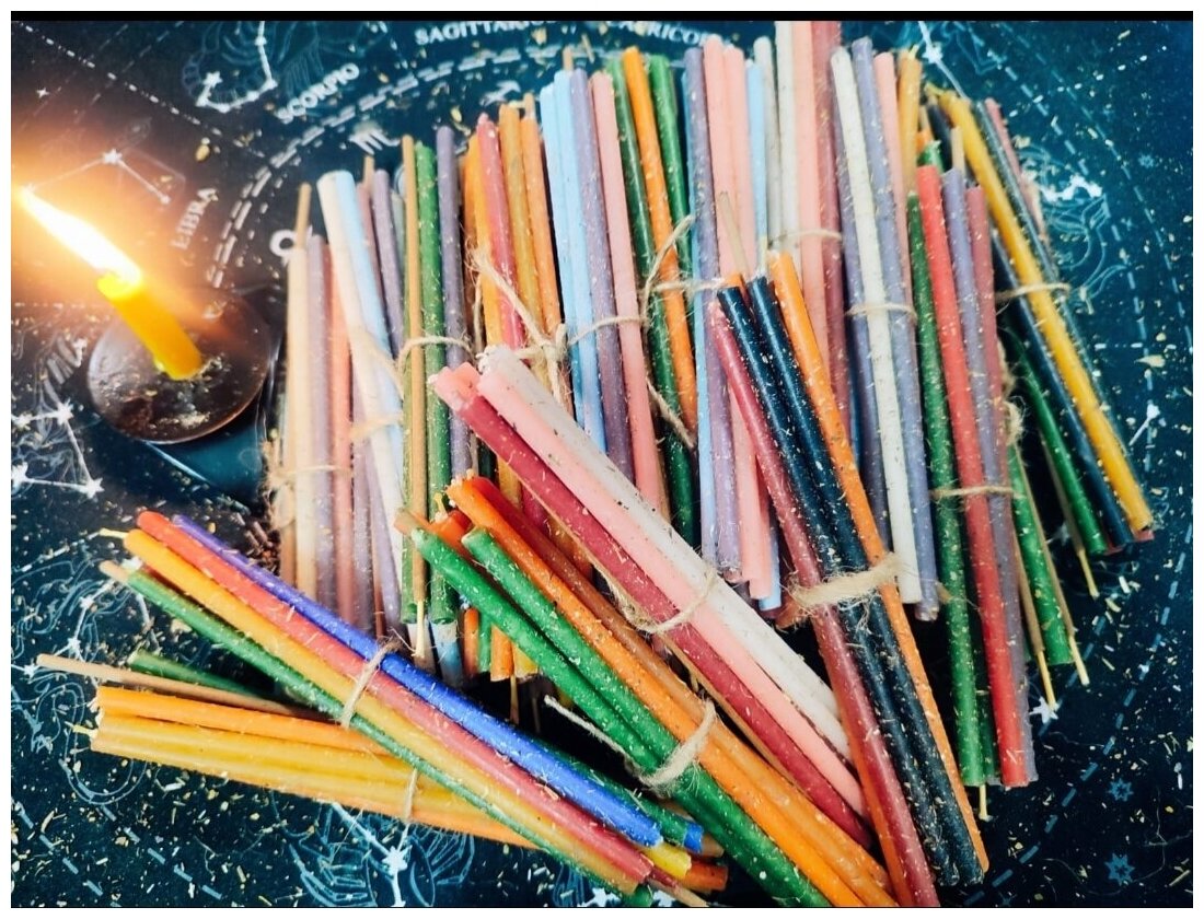 Ритуальные, магические восковые цветные свечи с травами 9 штук и благовония палочка