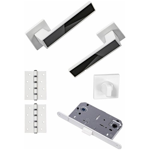 Ручки дверные на розетке межкомнатные Денали, Ай-Петри Белый - Черная вставка (2шт) + замок сантехнический + завертка + петли врезные (2шт)