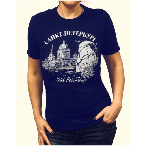 Футболка взрослая синяя Санкт-Петербург с корабликом