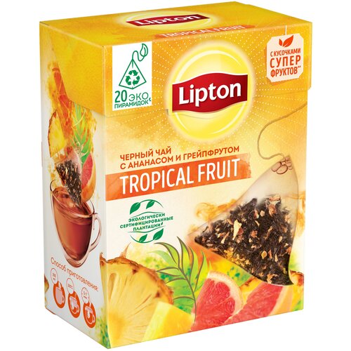Чай черный Lipton Tropical Fruit в пирамидках, грейпфрут, ананас, мультифрукт, тропические фрукты, 20 пак.