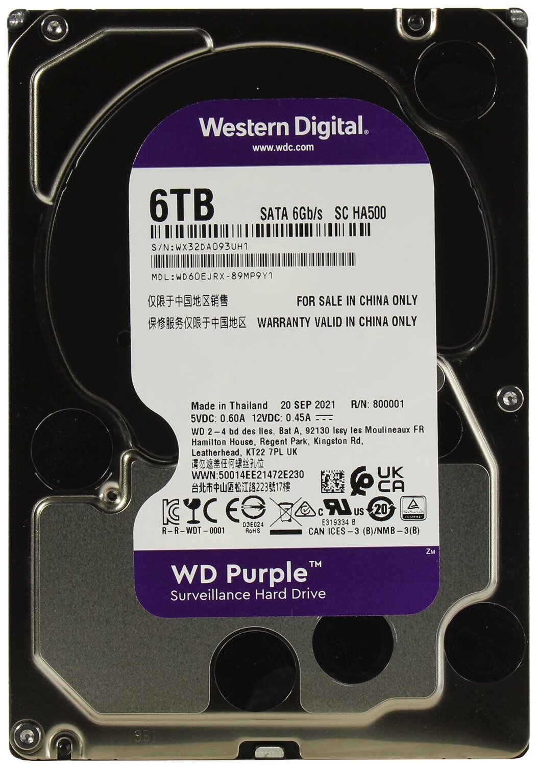 Внутренний HDD диск WD Purple 6TB, SATA3, 3.5" (WD60EJRX)