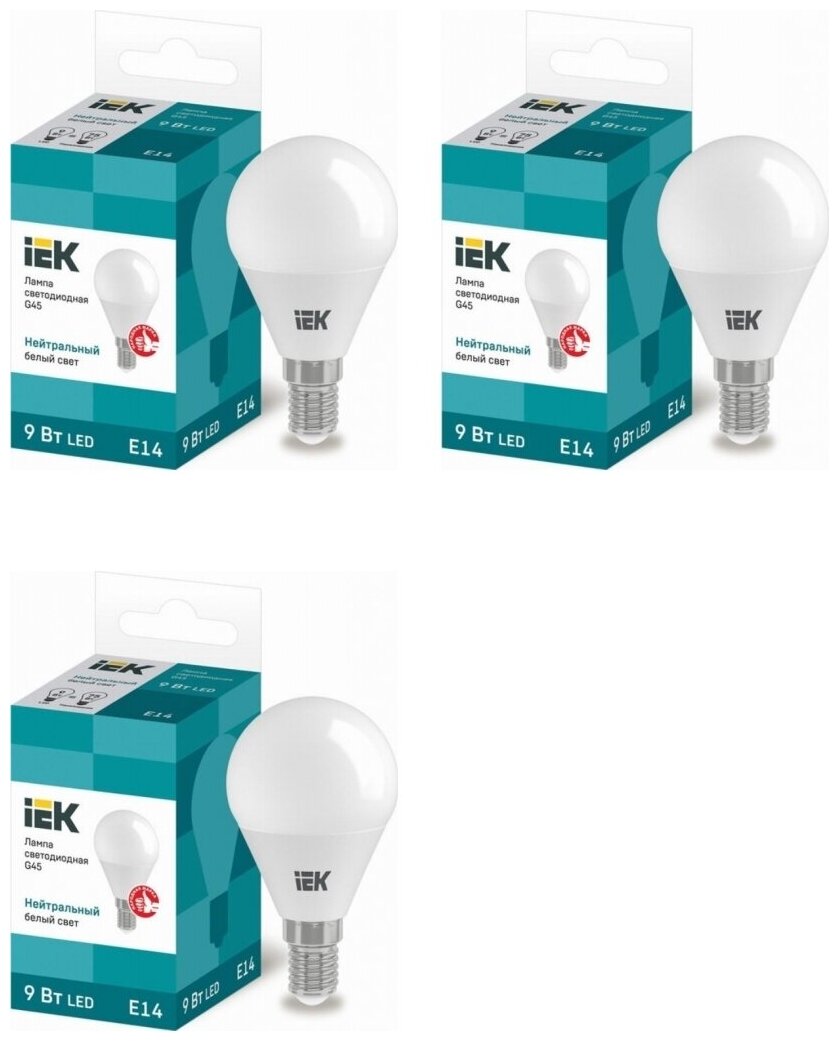 Светодиодная лампа IEK Eco 9W эквивалент 75W 4000K 810Лм E14 шар (комплект из 3 шт.)