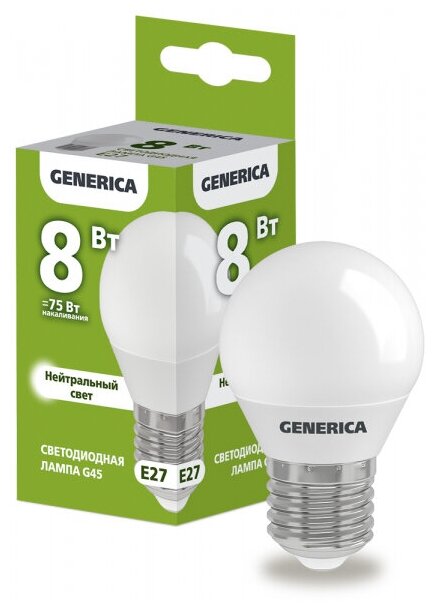 IEK GENERICA шар G45 E27 8W(800lm) 4000K 4K 45x81 матов. LL-G45-08-230-40-E27-G (арт. 828002)