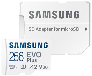 Карта памяти Samsung microSDXC 256 ГБ Class 10, V30, A2, UHS-I U3, R 130 МБ/с, адаптер на SD, 1 шт., белый