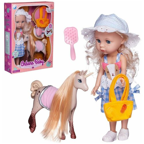 фото Кукла ardana baby блондинка в бело-голубом платье с единорогом 32,5 см, 1 шт. junfa toys