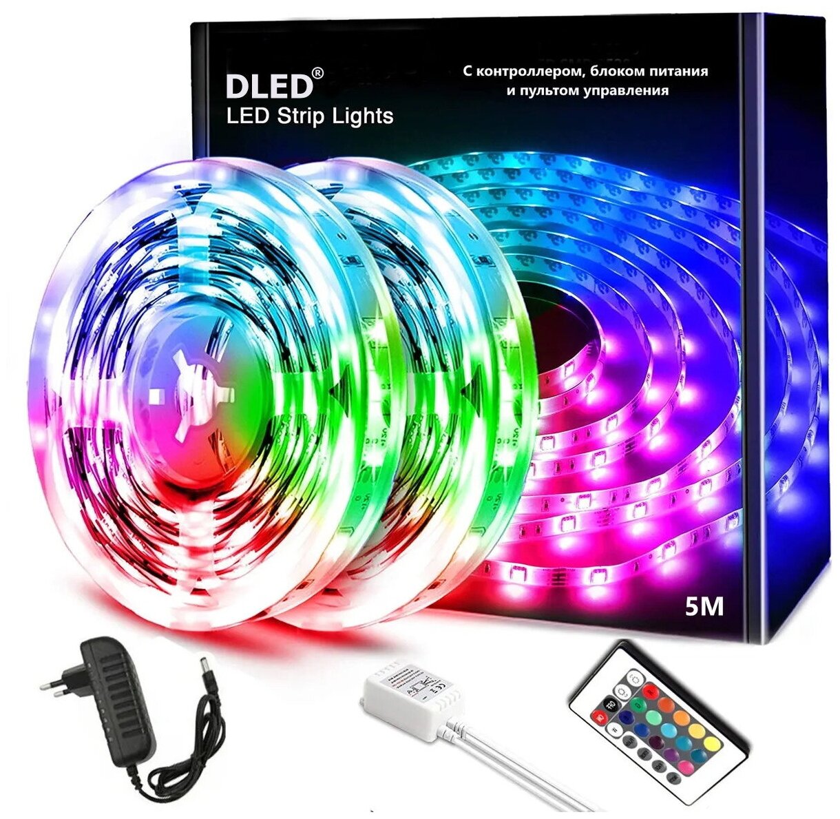 Светодиодная лента DLED 5м, 12В, IP65, 60 LED/m с пультом многоцветная LED SMD 2835 5m RGB, с контроллером, пультом и блоком питания - фотография № 2