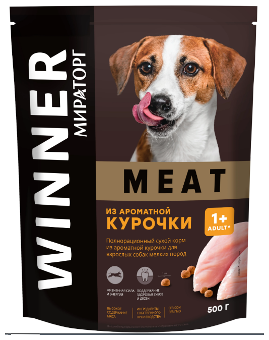 Полнорационный сухой корм WINNER MEAT из ароматной курочки для взрослых собак мелких пород 500гр