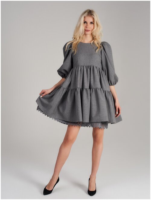 Платье ампир креп, в стиле бохо, полуприлегающее, до колена, подкладка, размер s, серый