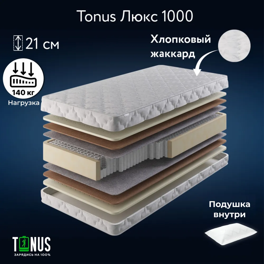 Матрас Tonus Люкс 1000, Независимые пружины, 90х190 см