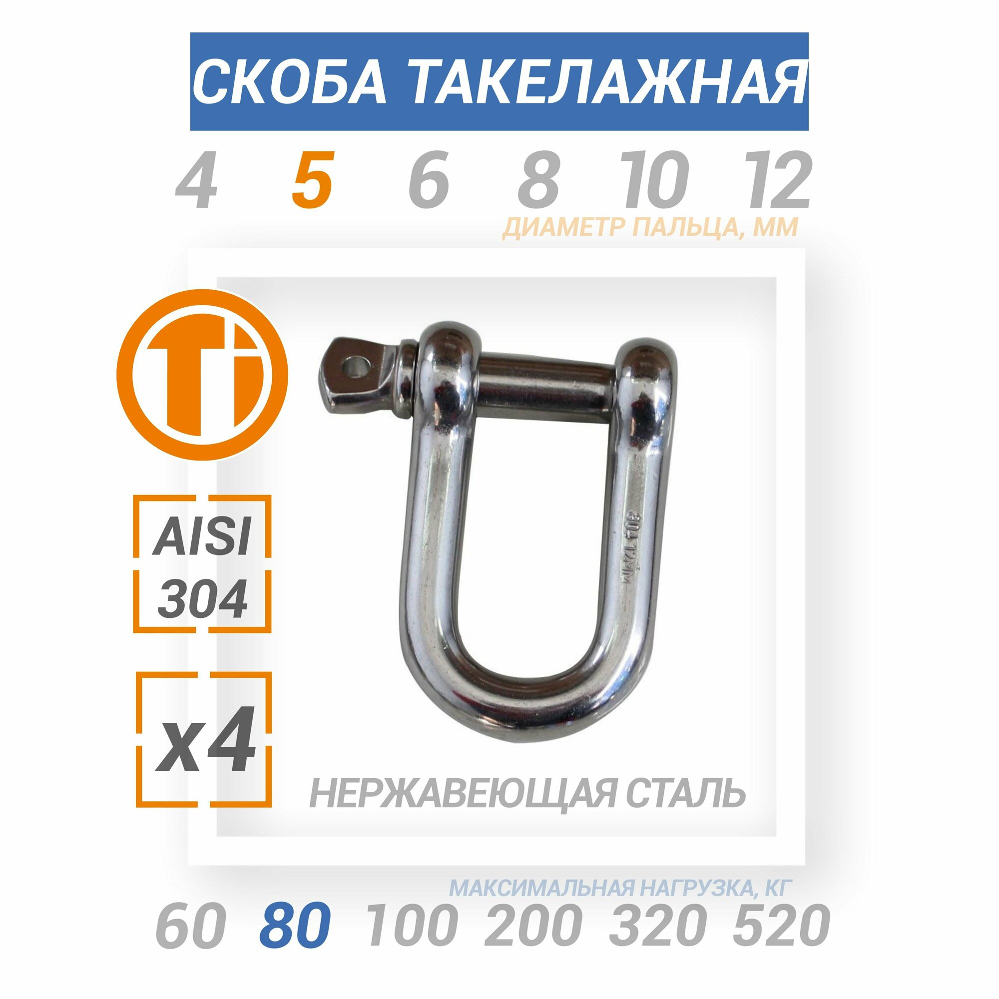 фото Скоба нержавеющая 5 мм 4 шт (шакл стальной)