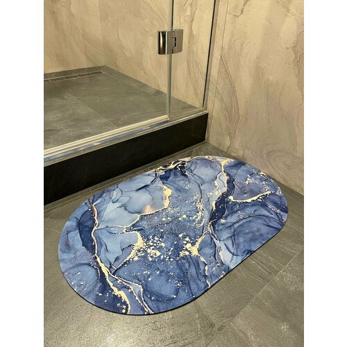 Коврик для ванной и туалета противоскользящий под мрамор синий овальный 50*80 см быстровпитывающий, быстросохнущий, стильный дизайн под мрамор 50х80 см, серебристый