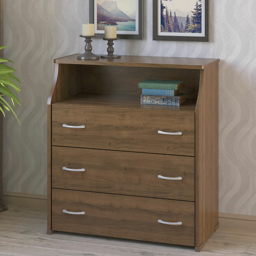 фото Широкий комод с 3 ящиками и открытой нишей вверху МагМебель Квант-31#Н орех