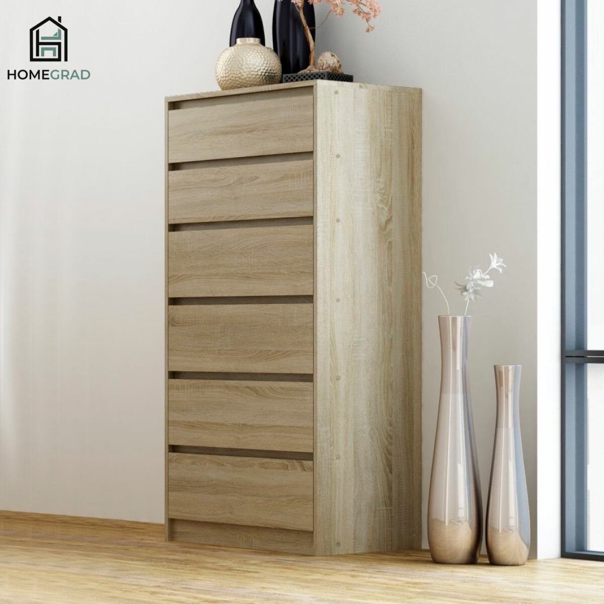 Комод для вещей и одежды высокий 6 ящиков HomeGrad Sura 500х1200х430, Сонома