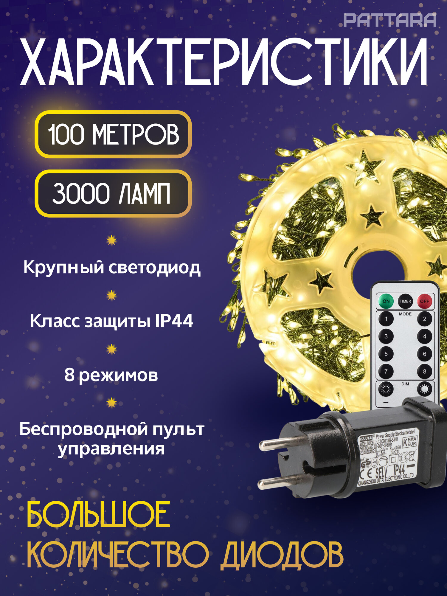 Гирлянда Хвойная лапа, роса светодиодная новогодняя на елку мишура 100м 3000 ламп на зеленой леске — фото 1