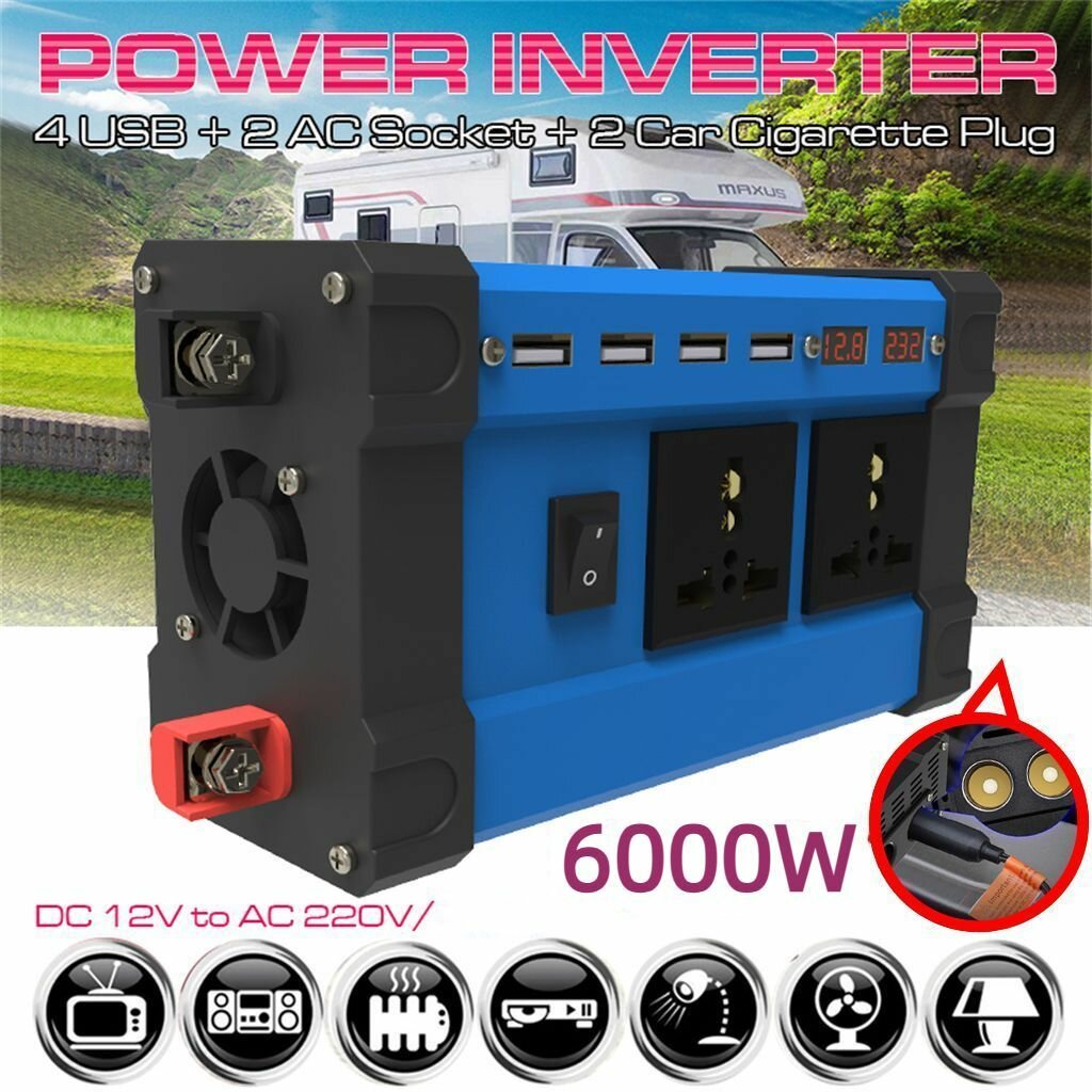 Автомобильный преобразователь напряжения инвертор, 6000 Вт, 12/220V, для авто любых марок