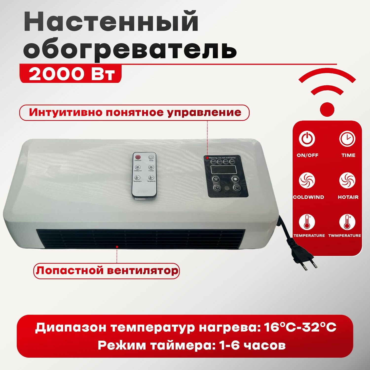 Настенный обогреватель кондиционер для обогрева и охлаждения ванной комнаты домашней спальни 2000W до 25м2