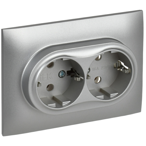 фото Розетка силовая штепсельная iek / иэк skandy sk-r08s, двухместная 16а 230в ip20, серебряный, с заземляющими контактами без шторок, sk-r21-16-k23-f