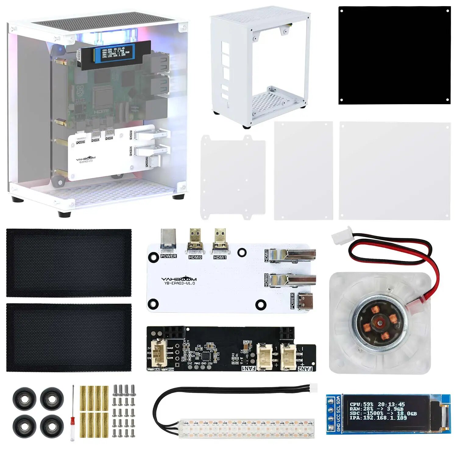 Мини-комплект защитного чехла Yahboom Raspberry Pi 5, охлаждающий вентилятор и изменение цвета, поддержка окружающего освещения, установка SSD M.2, Basic version