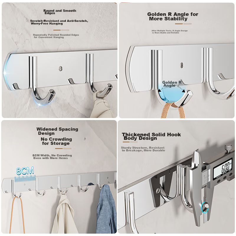 Bai Zi Stainless Steel Coat Hooks, No Drilling Required, Door Back Hooks, Entryway Hooks, Bathroom Wall Hooks, 6 Hooks