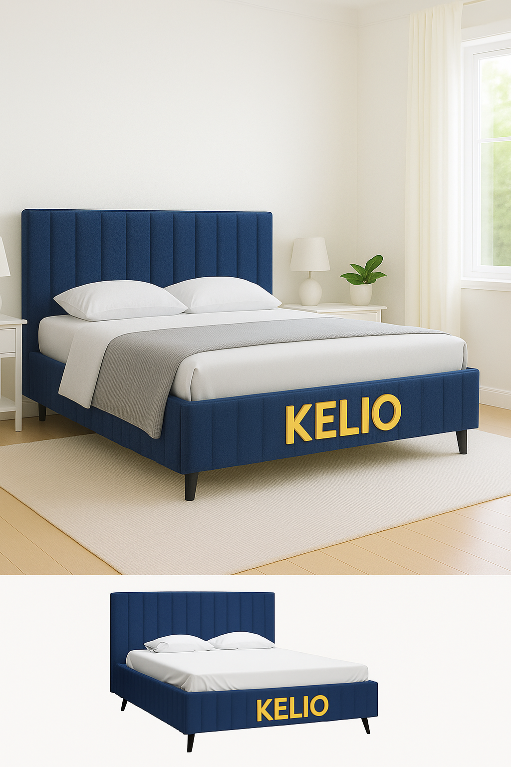 Кровать двуспальная 180х200 Kapri с мягким изголовьем, ортопедическим основанием и ножками, синий