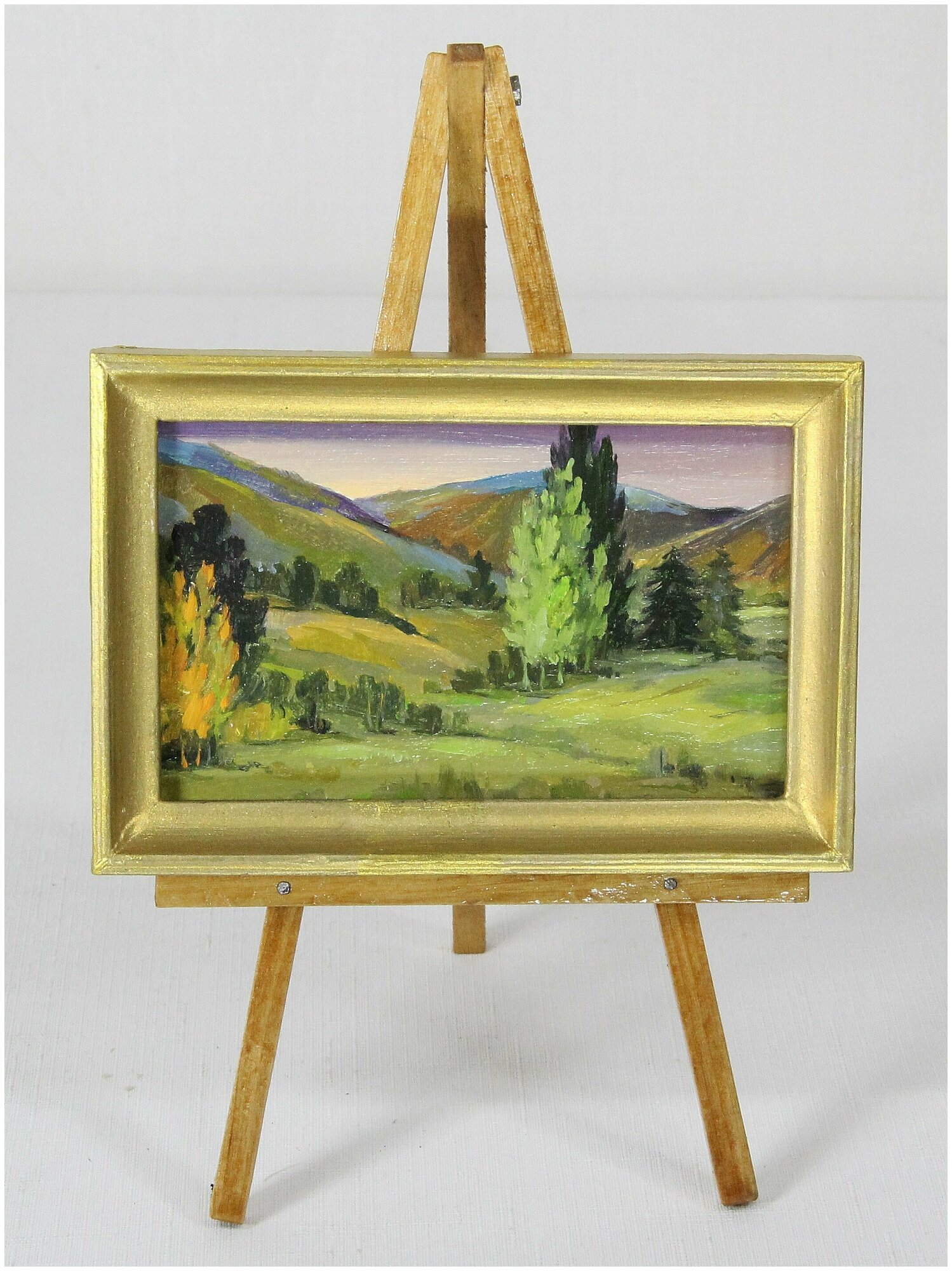 Картина-миниатюра на подставке, "Холмы", масло, 10х6см