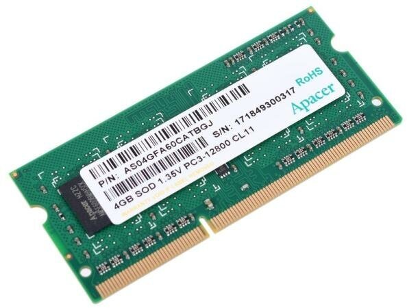 Оперативная память для ноутбука 4Gb (1x4Gb) PC3-12800 1600MHz DDR3 SO-DIMM CL11 Apacer AS04GFA60CATBGJ