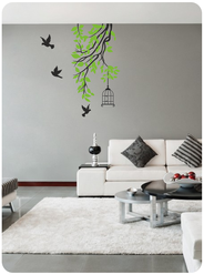 Наклейка интерьерная для декора на стену птицы У дерева С клеткой 129х150 см