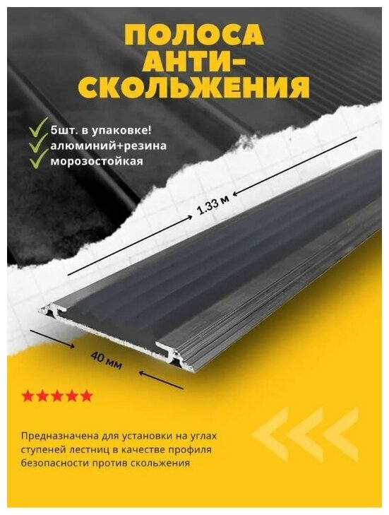 Алюминиевая Полоса-порог Евро 40 мм/5 мм с серой резиновой вставкой длина 1.33м упаковка 5шт накладка на порог порог алюминиевый прямой