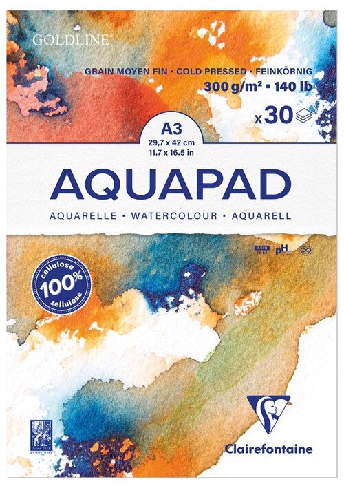 Альбом для акварели Clairefontaine Goldline Aqua  42 х 29.7 см (A3), 300 г/м², 30 л. белый