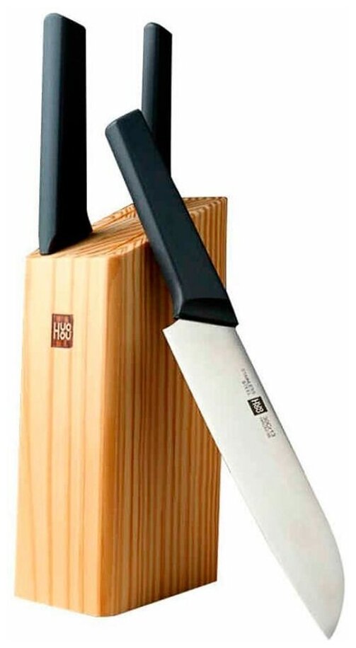 Набор стальных ножей (3 ножа + деревянная подставка из сосны) HuoHou 4-Piece Kitchen Knife Set Lite (HU0059) русская версия черный