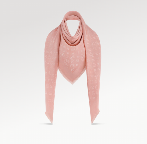 Шаль LV, натуральный шелк, шерсть, с бахромой, 142х142 см, розовый