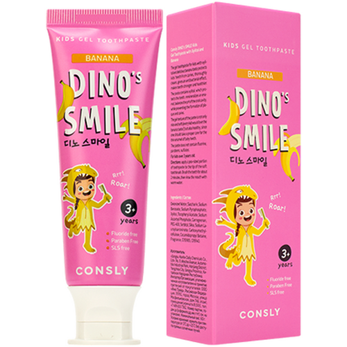 Детская гелевая зубная паста DINO's SMILE c ксилитом и вкусом банана, 60г, Consly детская зубная паста consly dino s smile kids gel toothpaste xylitol and watermelon 60 г