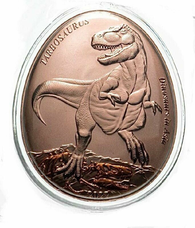 Памятная монета 20 центов Динозавры в Азии - Тарбозавр в капсуле и запайке. Самоа, 2022 г. в. Proof