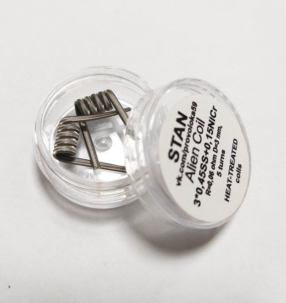 Alien Fused Clapton Coil Готовые спирали 3х0,45SS+0,15NiCr R-0.06 Ом D-3мм, 5 витков , жилы нержа, обмотка нихромовая проволока, намотка ручной работы, (в банке 2 шт.)