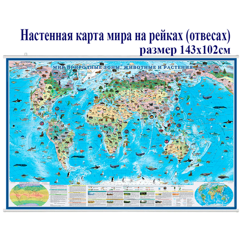 карта атлас принт мир и россия природные зоны Атлас-принт Природные зоны мира, животные растения-настенная карта 1:26 размер 143х102см/ на рейках